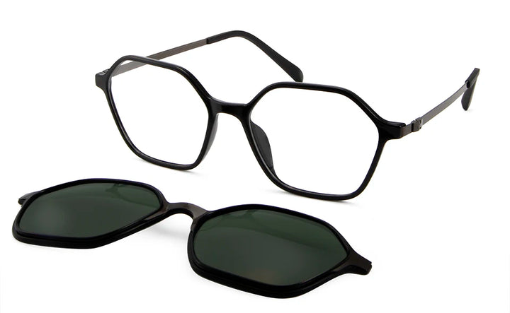 Esnbie Women's Full Rim Polygon Tr 90 Titanium Eyeglasses Clip On Sunglasses 8018 With Clip Ons Esnbie black Green