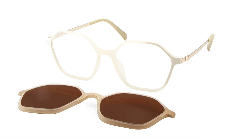 Esnbie Women's Full Rim Polygon Tr 90 Titanium Eyeglasses Clip On Sunglasses 8018 With Clip Ons Esnbie beige brown