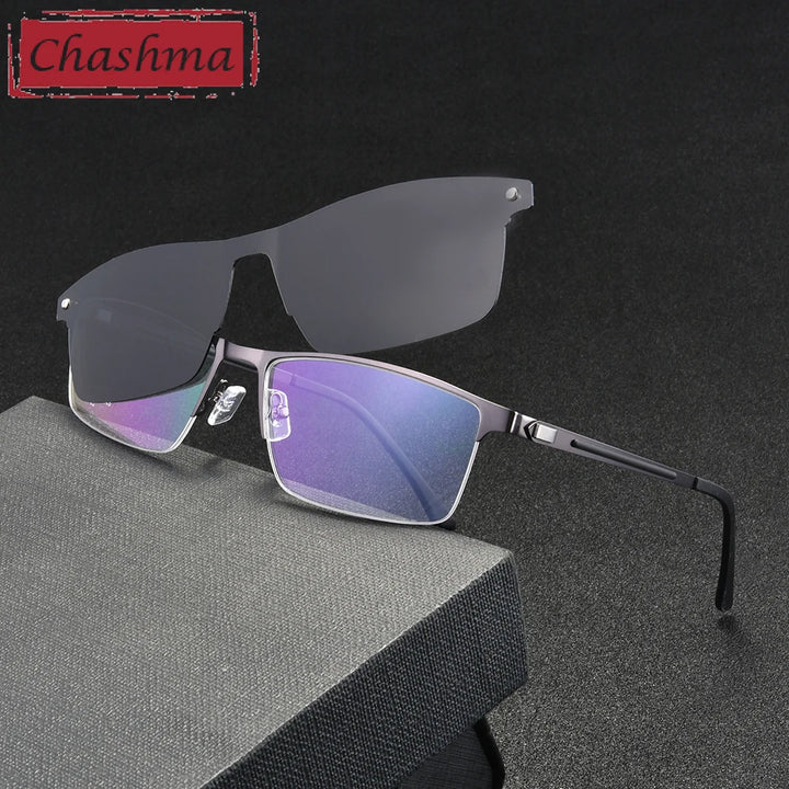 Chashma Ottica Men's Semi Rim Square Titanium Eyeglasses Clip On Sunglasses 494007