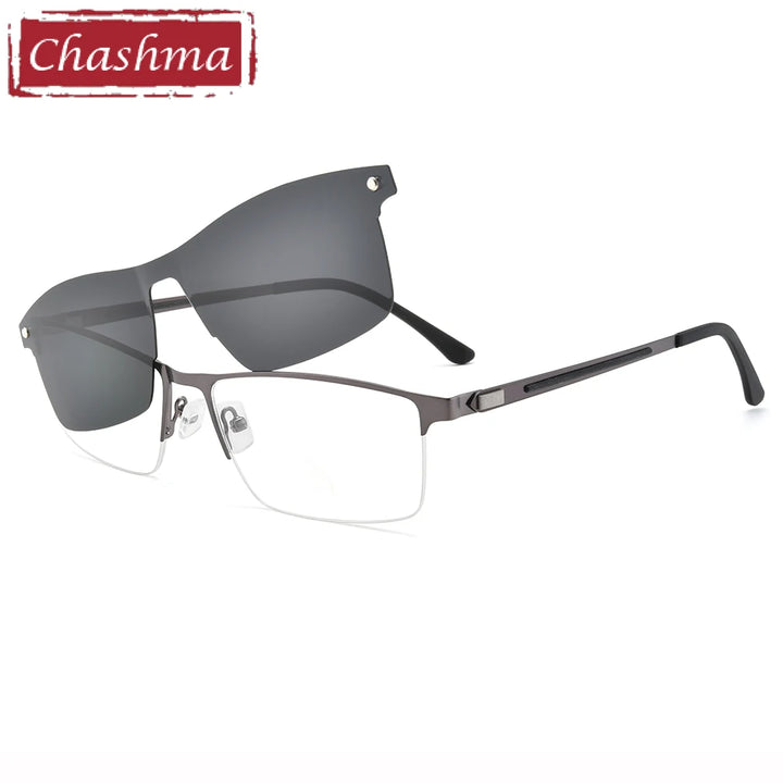 Chashma Ottica Men's Semi Rim Square Titanium Eyeglasses Clip On Sunglasses 494007