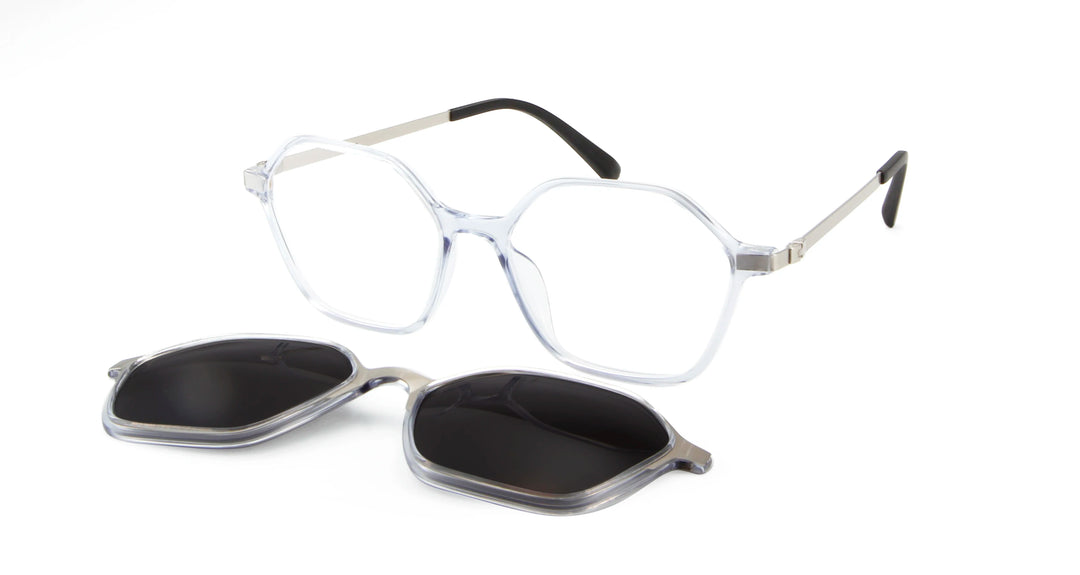 Esnbie Women's Full Rim Polygon Tr 90 Titanium Eyeglasses Clip On Sunglasses 8018 With Clip Ons Esnbie blue gray