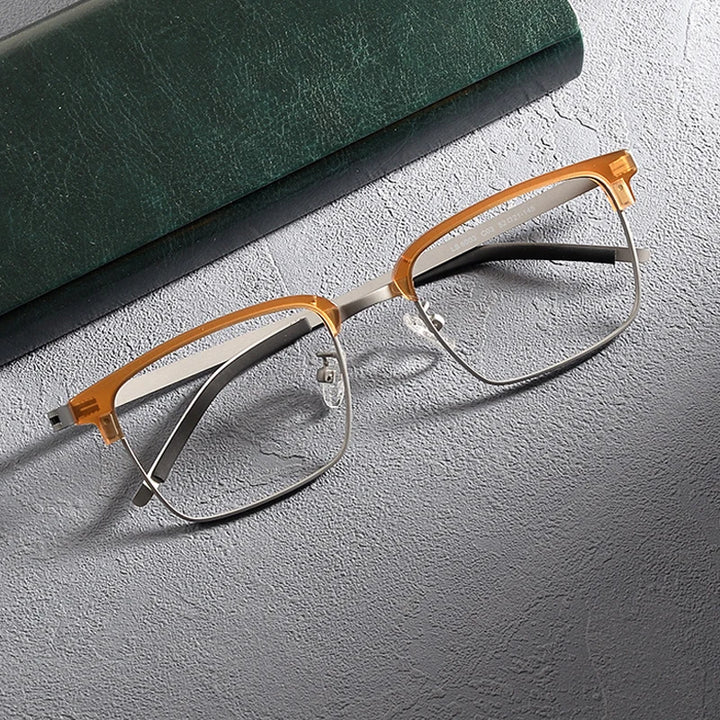 Gatenac Unisex Full Rim Square Screwless Acetate Alloy Eyeglasses 1236 Full Rim Gatenac Orange Silver