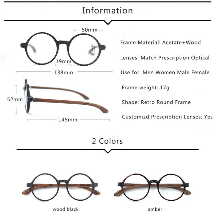 Hdcrafter Unisex Full Rim Round Wood Eyeglasses Ft3590 Full Rim Hdcrafter Eyeglasses   