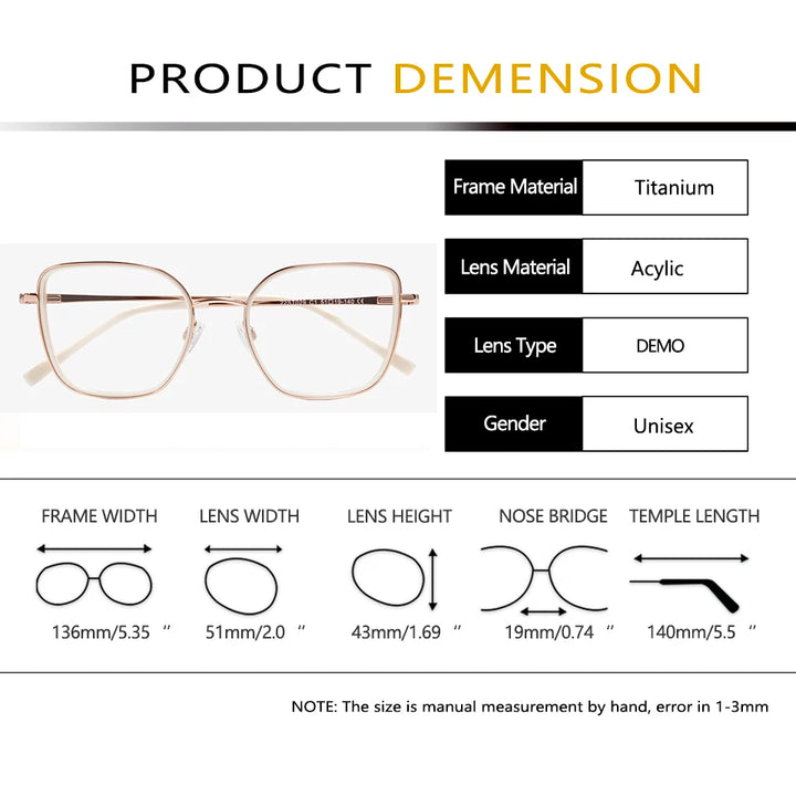 Esnbie Unisex Full Rim Square Cat Eye Titanium Eyeglasses 22029 Full Rim Esnbie