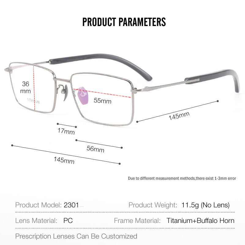 Muzz Unisex Full Rim Square Titanium Buffalo Horn Temple Eyeglasses 2301 Full Rim Muzz