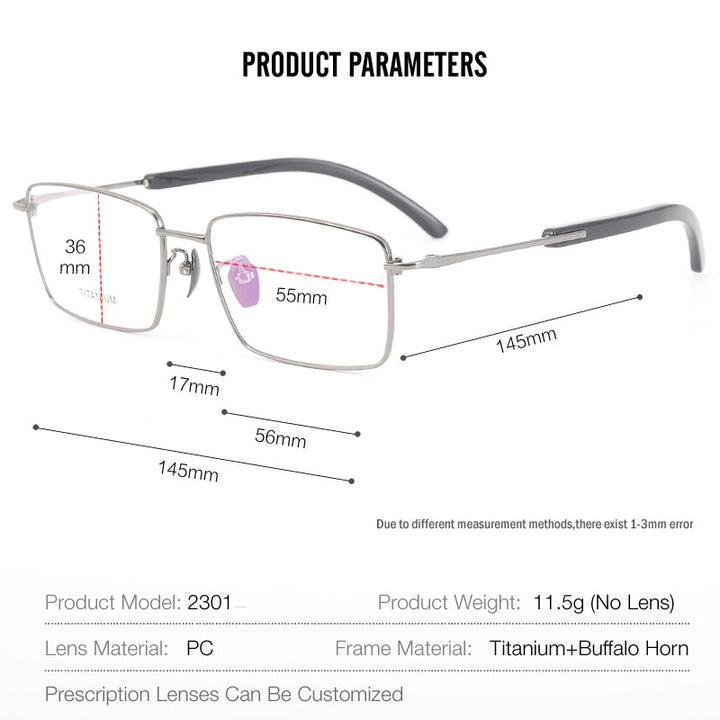 Muzz Unisex Full Rim Square Titanium Buffalo Horn Temple Eyeglasses 2301 Full Rim Muzz