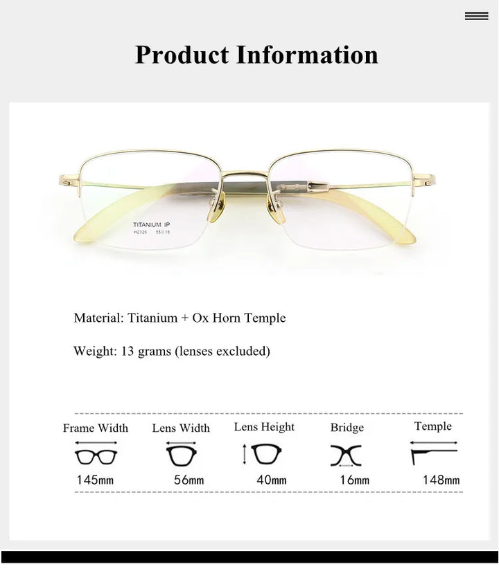 Chashma Ochki Unisex Semi Rim Square Titanium Horn Eyeglasses 312326