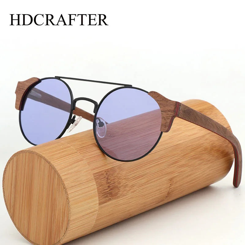 Hdcrafter Unisex Full Rim Round Alloy Wood Sunglasses 56229 Sunglasses HdCrafter Sunglasses