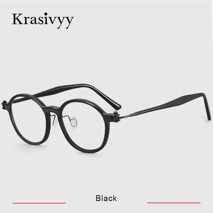 Krasivyy Men's Full Rim Round Acetate Titanium Eyeglasses Rlt5883 Full Rim Krasivyy Black CN 