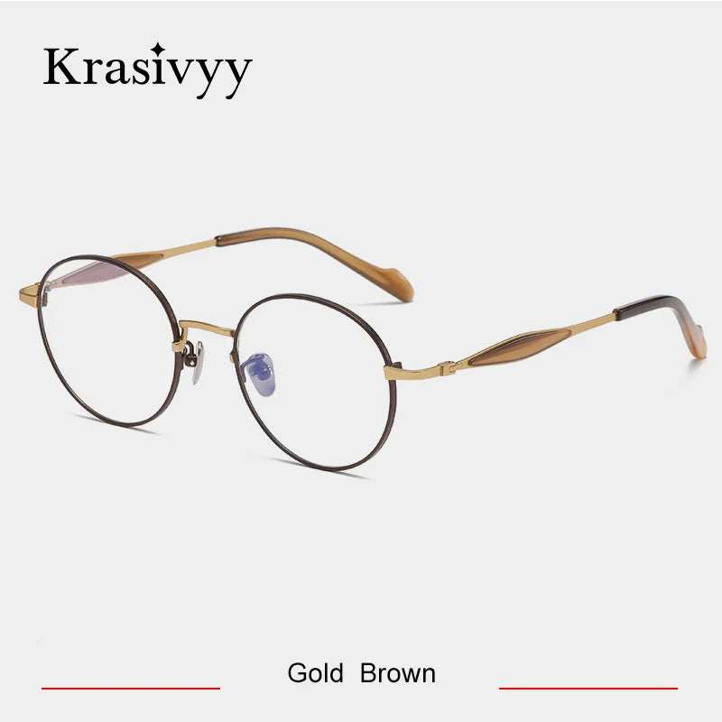 Krasivyy Unisex Full Rim Round Titanium Acetate Eyeglasses 46058 Full Rim Krasivyy Gold Brown
