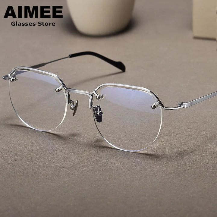 Aimee Unisex Semi Rim Oval Titanium Eyeglasses 10587 Semi Rim Aimee Silver
