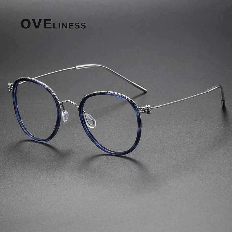 Oveliness Unisex Full Rim Round Screwless Acetate Titanium Eyeglasses 80887 Full Rim Oveliness blue silver  