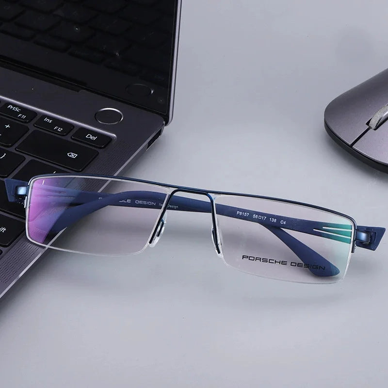 Hdcrafter Unisex Semi Rim Big Square Titanium Eyeglasses 88157 Semi Rim Hdcrafter Eyeglasses Blue