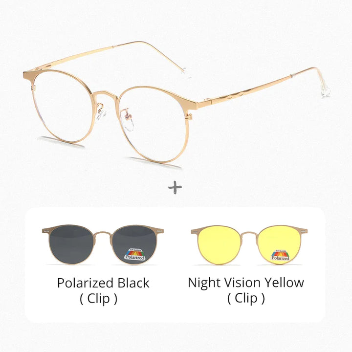 Ralferty Unisex Full Rim Round Alloy Eyeglasses Clip On Polarized Sunglasses R8010 With Clip Ons Ralferty C3GoldFrame 2Clip CHINA
