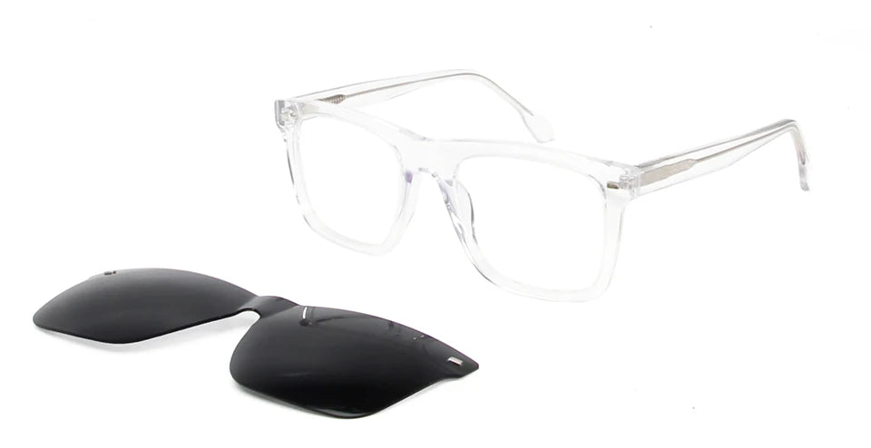 Esnbie Men's Full Rim Square Acetate Eyeglasses Clip On Sunglasses 423291