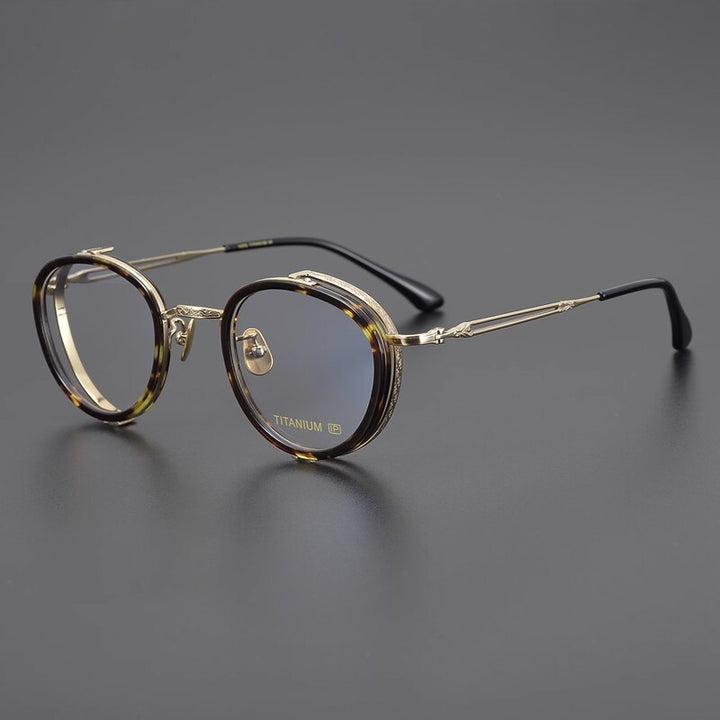 Gatenac Unisex Full Rim Round Square Acetate Titanium Eyeglasses Gxyj1050 Full Rim Gatenac Tortoiseshell Gold