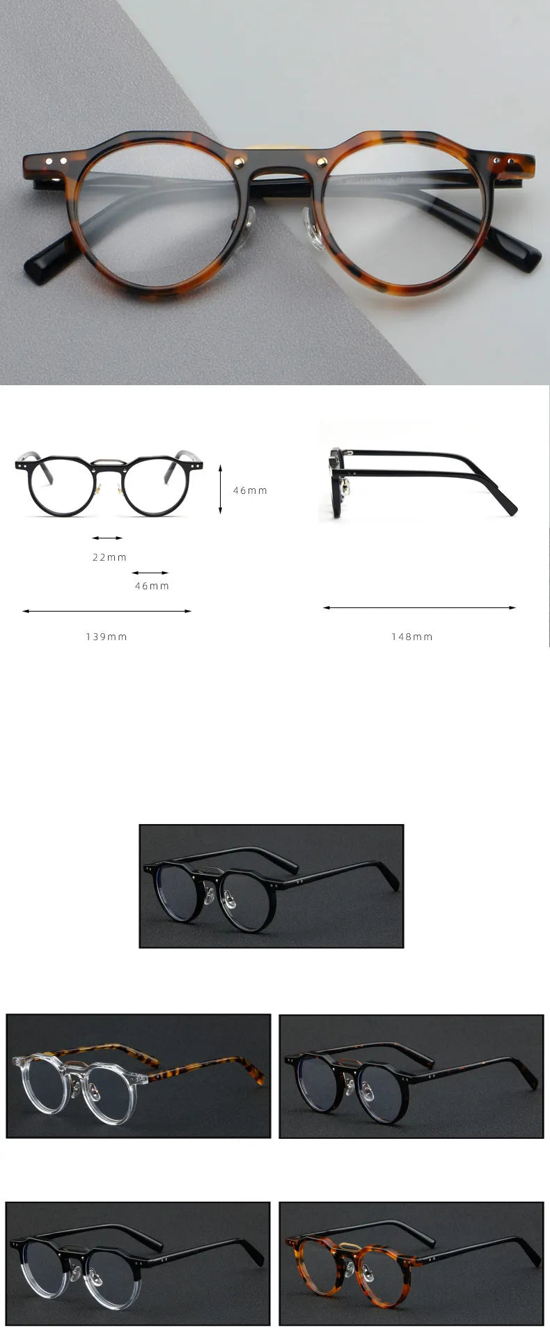 CCspace Unisex Full Rim Flat Top Round Acetate Eyeglasses 56934 Full Rim CCspace