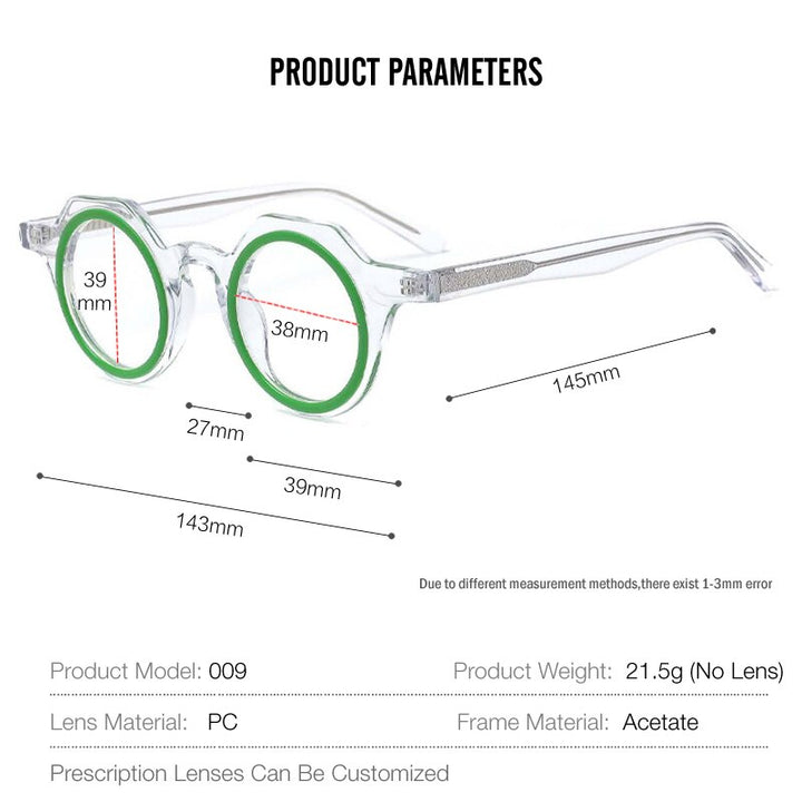 Muzz Unisex Full Rim Flat Top Round Acetate Eyeglasses 009 Full Rim Muzz