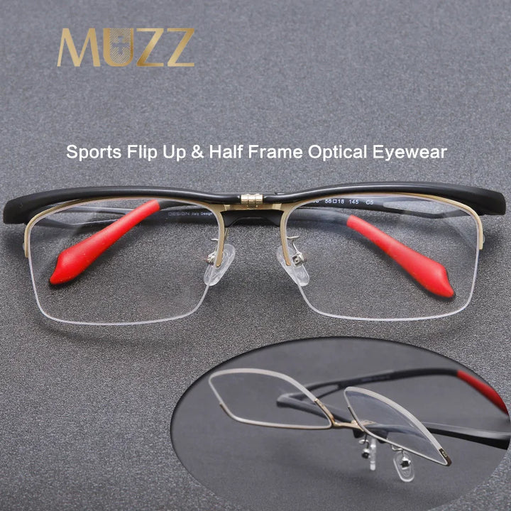 Muzz Unisex Semi Rim Square Alloy Tr 90 Flip Up Sport Eyeglasses M9808 Semi Rim Muzz