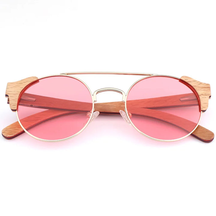 Hdcrafter Unisex Full Rim Round Alloy Wood Sunglasses 56229 Sunglasses HdCrafter Sunglasses Pink