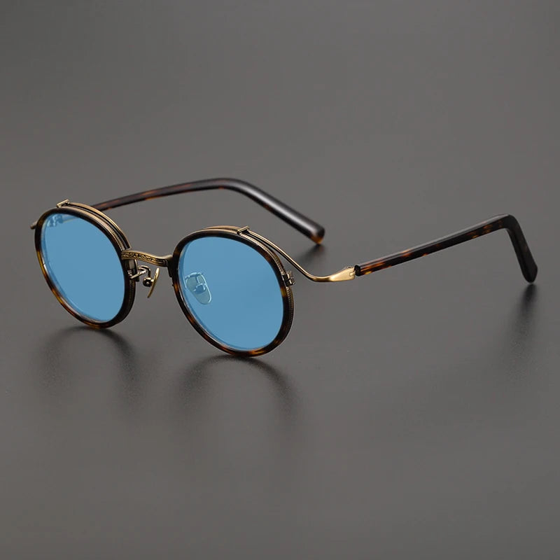 Gatenac Unisex Full Rim Round Polarized Acetate Titanium Sunglasses Mo12 Sunglasses Gatenac Tortoiseshell Blue