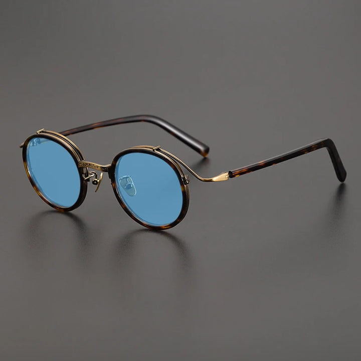 Gatenac Unisex Full Rim Round Polarized Acetate Titanium Sunglasses Mo12 Sunglasses Gatenac Tortoiseshell Blue