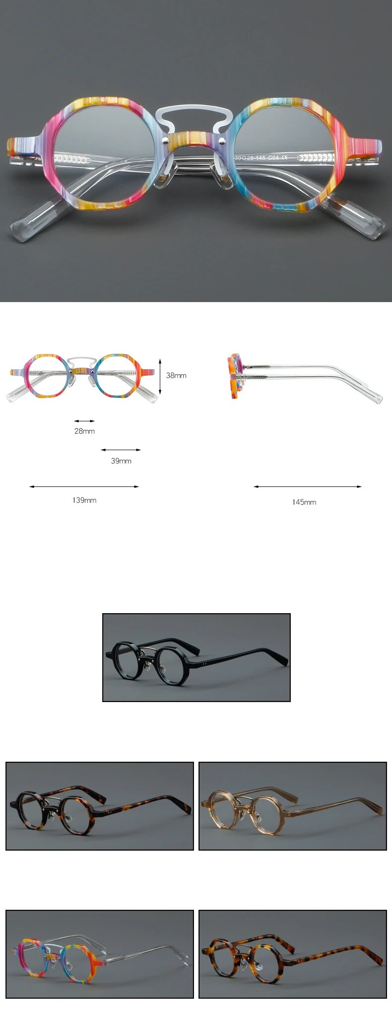 CCspace Unisex Full Rim Small Round Double Bridge Acetate Alloy Eyeglasses 57057 Full Rim CCspace