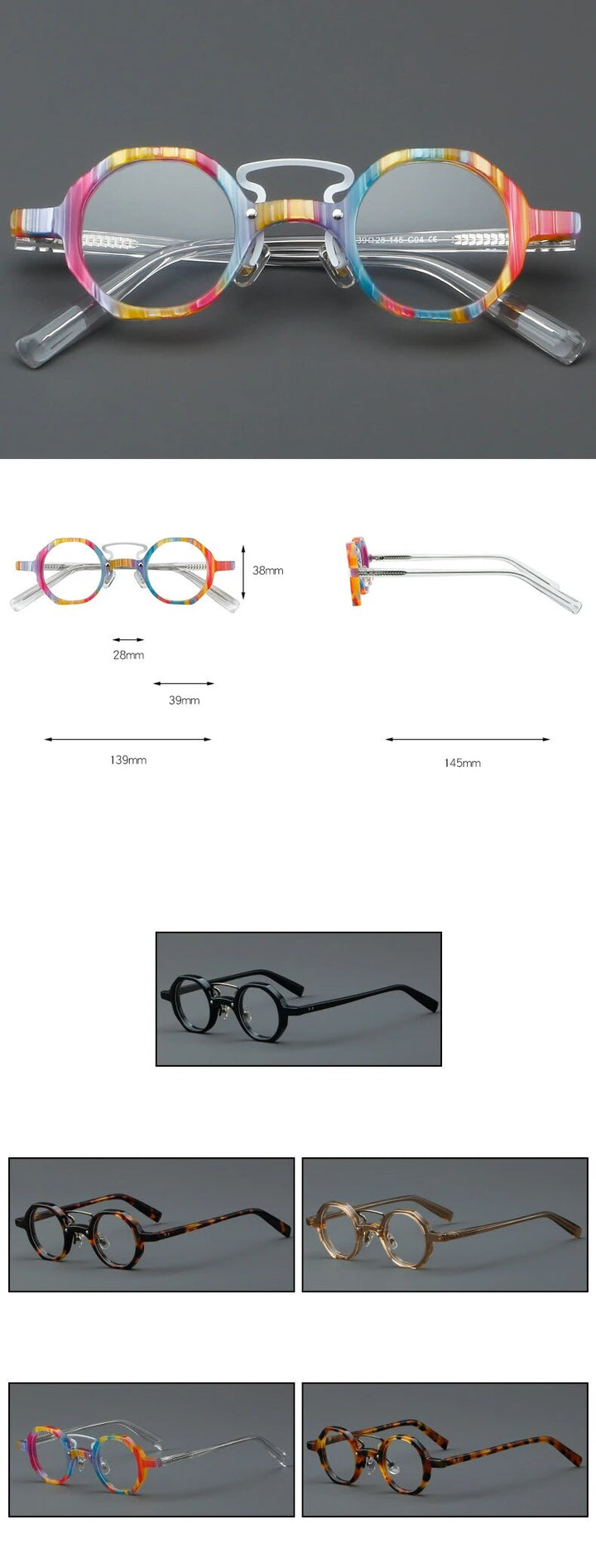 CCspace Unisex Full Rim Small Round Double Bridge Acetate Alloy Eyeglasses 57057 Full Rim CCspace