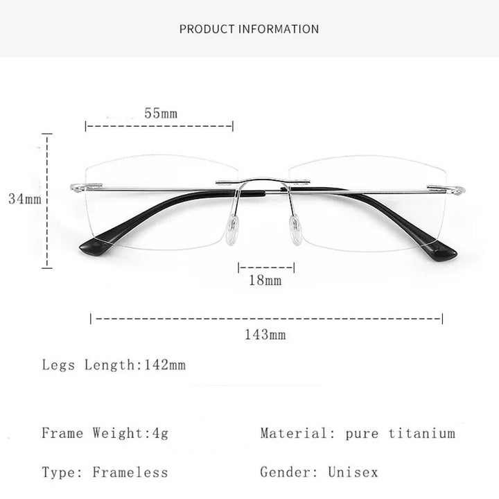 Hdcrafter Unisex Rimless Square Titanium Eyeglasses S8161 Rimless Hdcrafter Eyeglasses