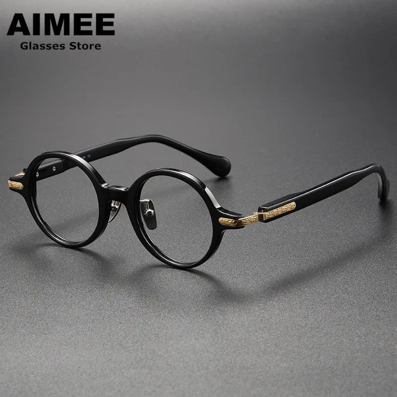 Aimee Unisex Full Rim Round Titanium Acetate Eyeglasses 980854 Full Rim Aimee Black-Golden
