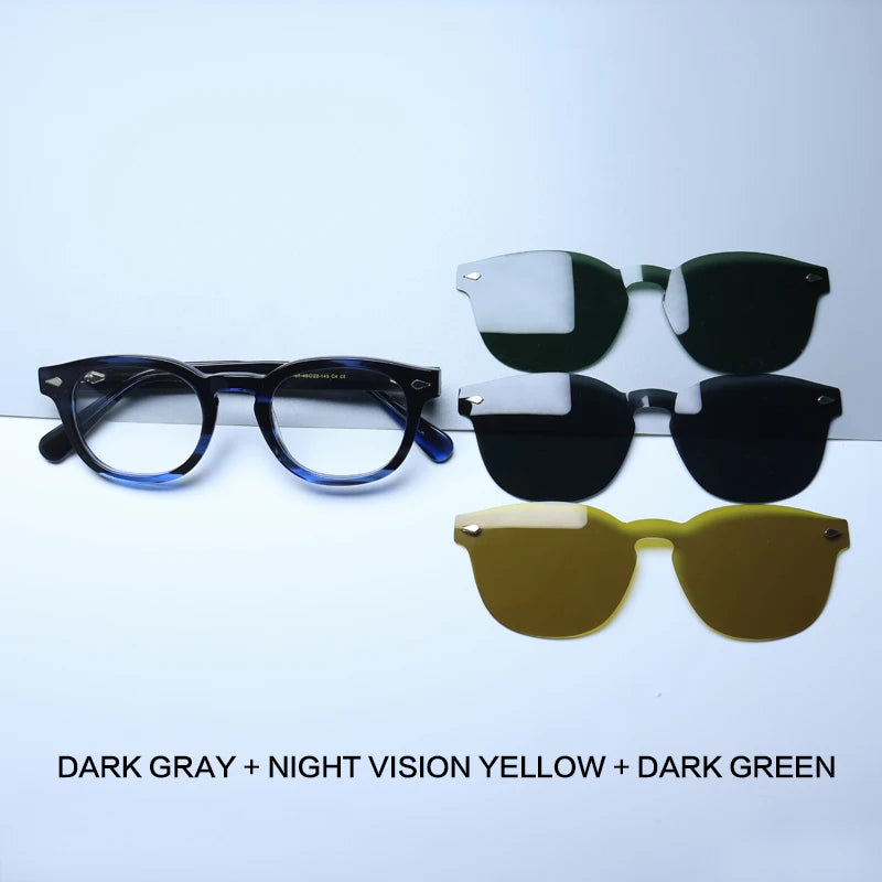 Gatenac Unisex Full Rim Round Acetate Eyeglasses Polarized Clip On Sunglasses 1145 With Clip Ons Gatenac Blue 3 Clips