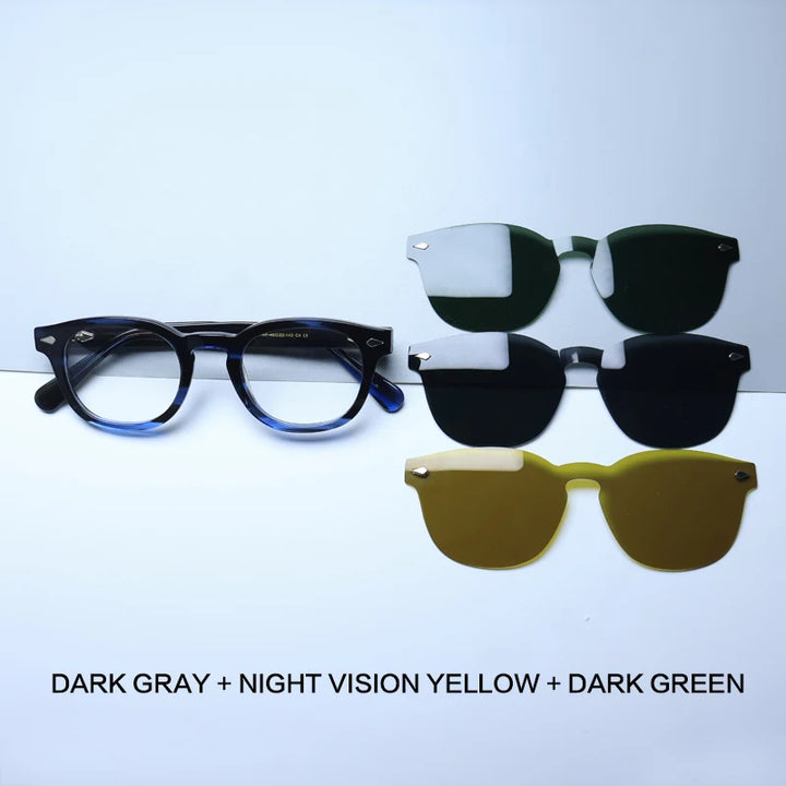 Gatenac Unisex Full Rim Round Acetate Eyeglasses Polarized Clip On Sunglasses 1145 With Clip Ons Gatenac Blue 3 Clips