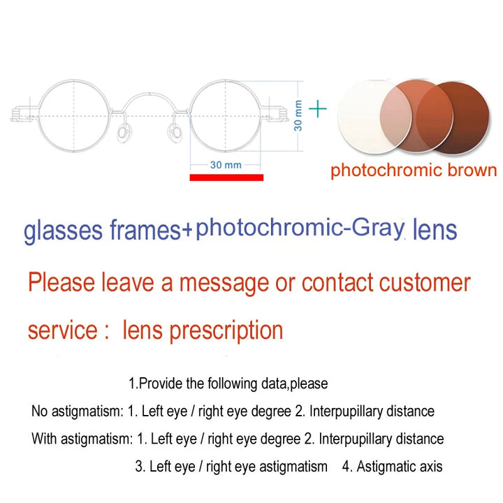 Yujo Unisex Full Rim Small Round Screwless Steel Eyeglasses Full Rim Yujo Photochromic brown30 CHINA