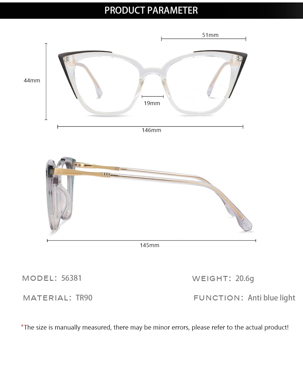 CCspace Unisex Full Rim Square Cat Eye Tr 90 Alloy Eyeglasses 56381 Full Rim CCspace