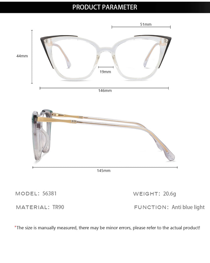 CCspace Unisex Full Rim Square Cat Eye Tr 90 Alloy Eyeglasses 56381 Full Rim CCspace
