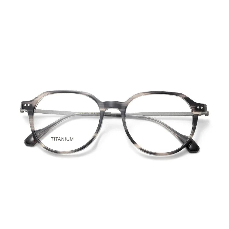 Muzz Men's Full Rim Flat Top Oval Acetate Titanium Eyeglasses 85298 Full Rim Muzz striped gray