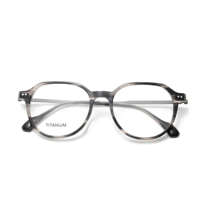 Muzz Men's Full Rim Flat Top Oval Acetate Titanium Eyeglasses 85298 Full Rim Muzz striped gray