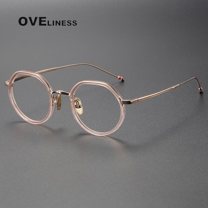 Oveliness Unisex Full Rim Flat Top Round Acetate Titanium Eyeglasses Tbx911 Full Rim Oveliness pink gold