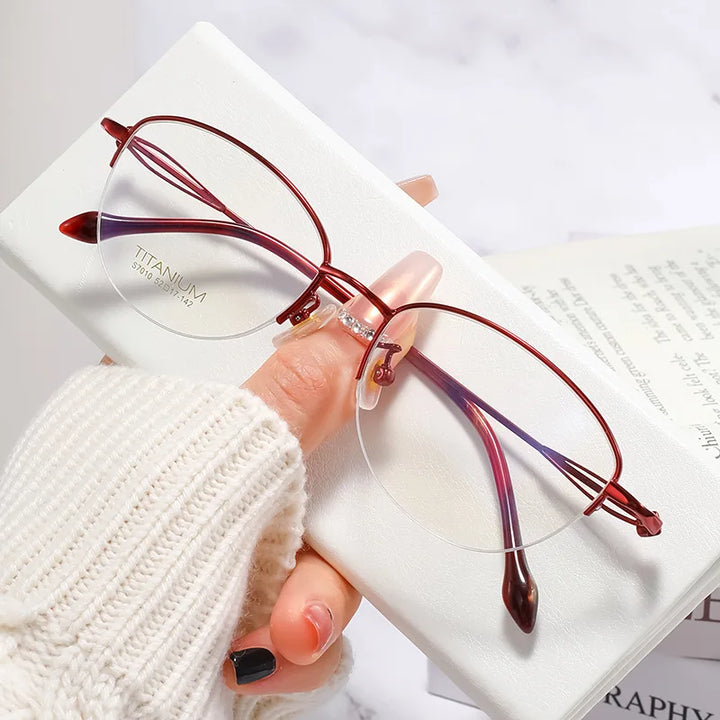 Vicky Women's Semi Rim Polygon Oval Titanium Reading Glasses 57010