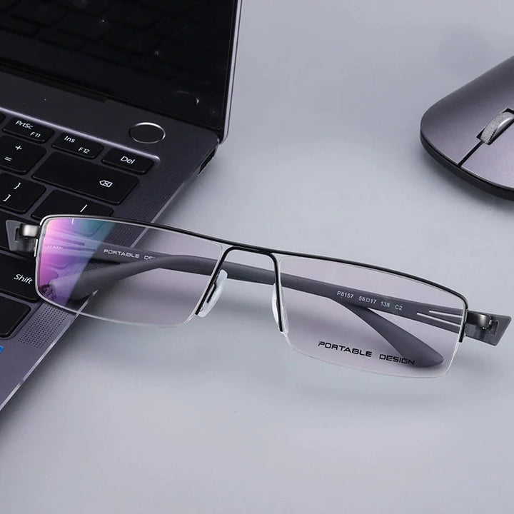 Hdcrafter Unisex Semi Rim Big Square Titanium Eyeglasses 88157 Semi Rim Hdcrafter Eyeglasses GRAY