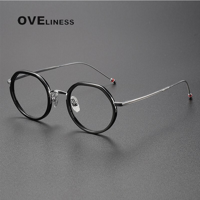 Oveliness Unisex Full Rim Flat Top Round Acetate Titanium Eyeglasses Tbx911 Full Rim Oveliness black silver  