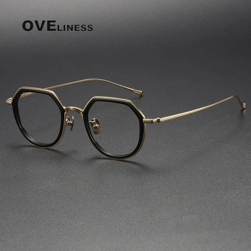 Oveliness Unisex Full Rim Polygon Acetate Titanium Eyeglasses U136 Full Rim Oveliness black gold