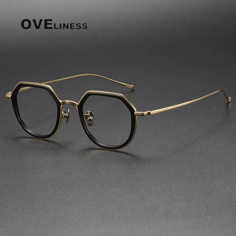 Oveliness Unisex Full Rim Polygon Acetate Titanium Eyeglasses U136 Full Rim Oveliness black gold  
