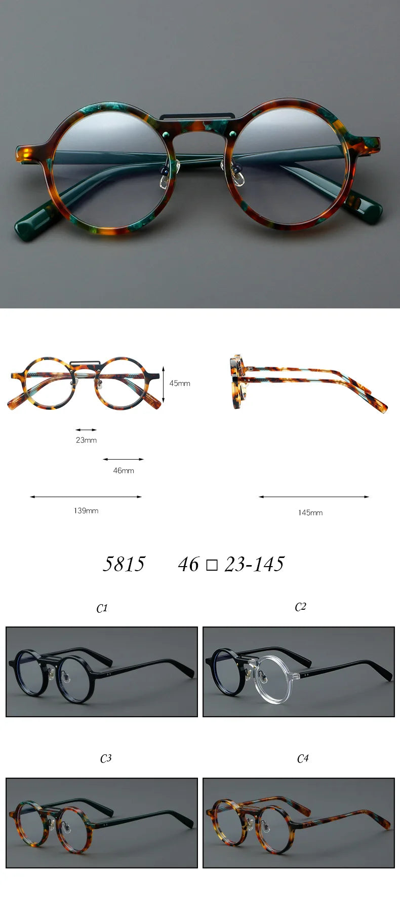 Nobler Unisex Full Rim Small Round Acetate Eyeglasses 5815 Full Rim Nobler