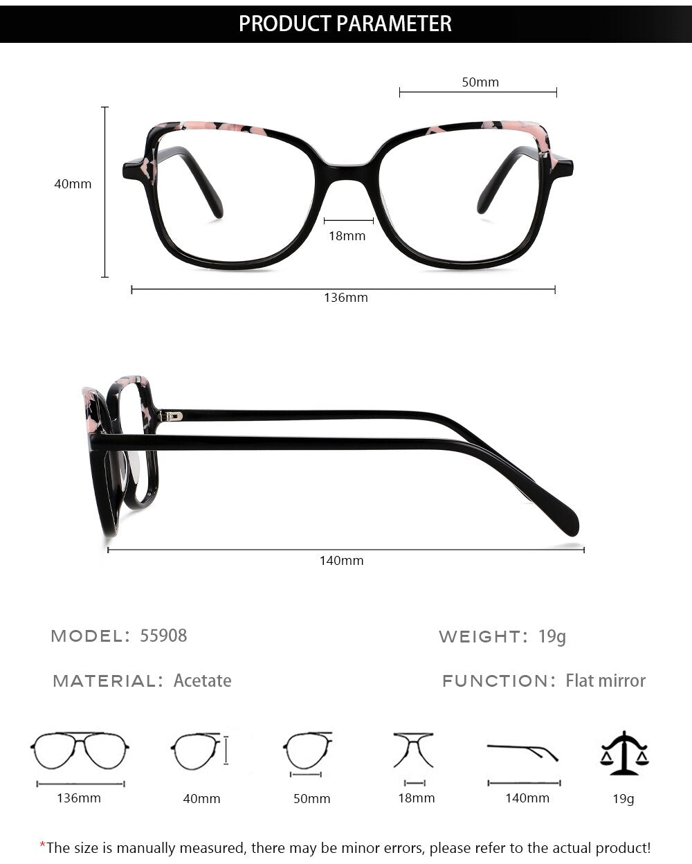 CCspace Unisex Full Rim Square Cat Eye Acetate Titanium Eyeglasses 55908 Full Rim CCspace