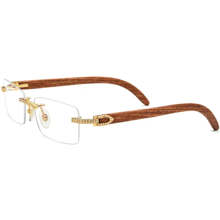 Hewei Unisex Rimless Square Titanium Mahogany Temple Eyeglasses 30015