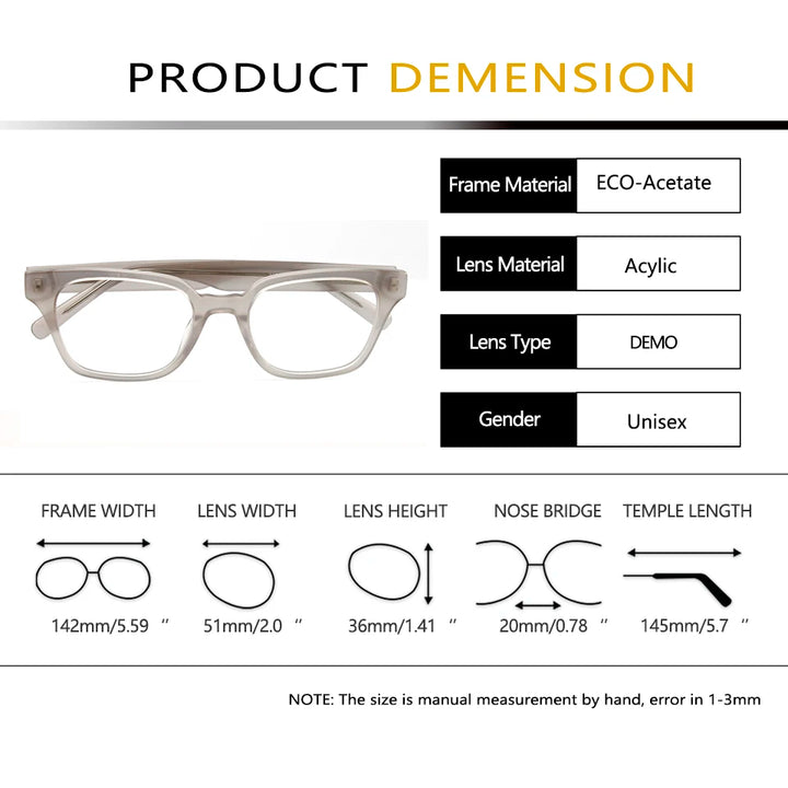 Esnbie Unisex Full Rim Square Thick Acetate Temple Eyeglasses 22095