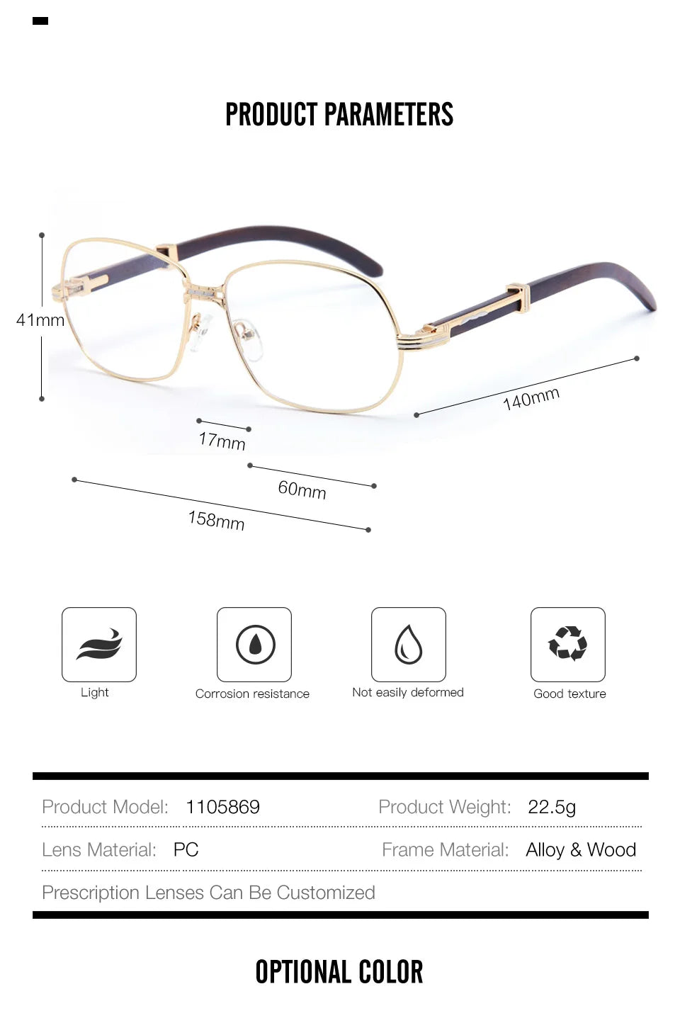 Muzz Men's Full Rim Square Alloy Double Bridge Frame Wood Temple Eyeglasses 1105868 Full Rim Muzz