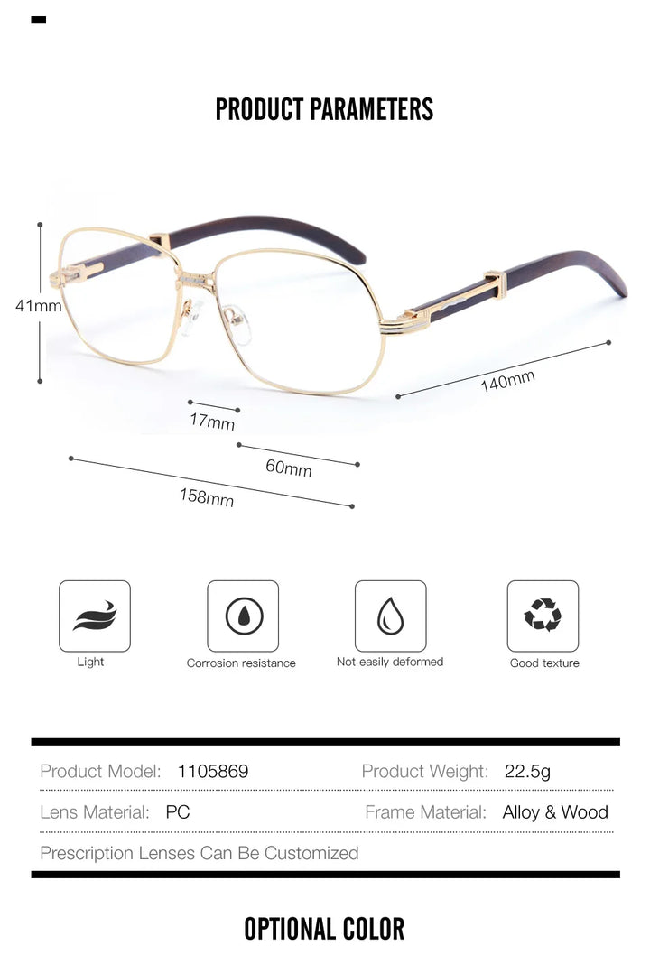 Muzz Men's Full Rim Square Alloy Double Bridge Frame Wood Temple Eyeglasses 1105868 Full Rim Muzz