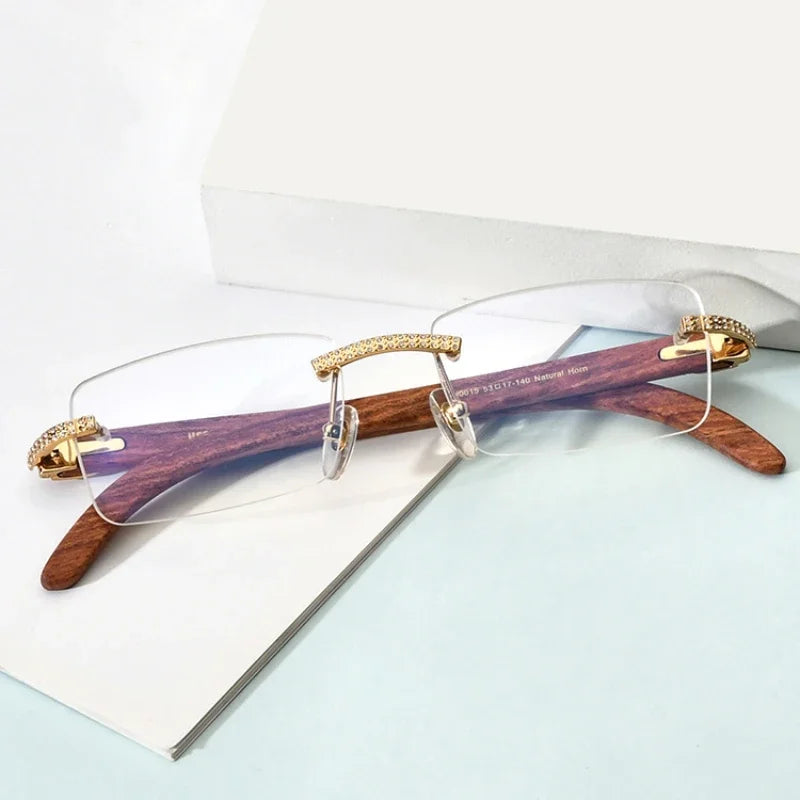 Hewei Unisex Rimless Square Titanium Mahogany Temple Eyeglasses 30015